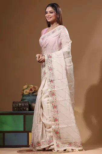Cream viscose organza with embroideery saree with blouse piece