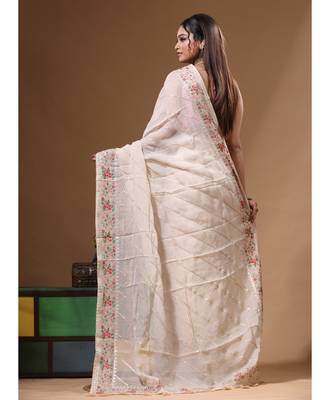 Cream viscose organza with embroideery saree with blouse piece 3