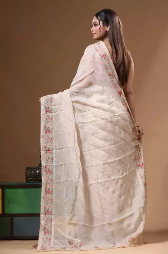 Cream viscose organza with embroideery saree with blouse piece