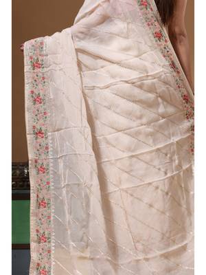 Cream viscose organza with embroideery saree with blouse piece 4