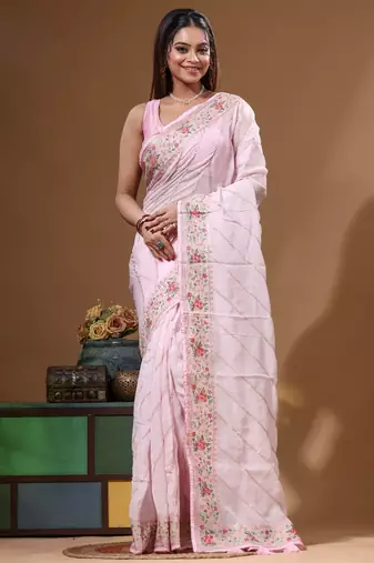 Pink viscose organza with embroideery saree with blouse piece