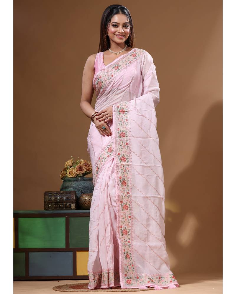 Pink viscose organza with embroideery saree with blouse piece