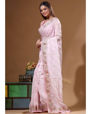 Pink viscose organza with embroideery saree with blouse piece 2