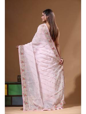 Pink viscose organza with embroideery saree with blouse piece 3