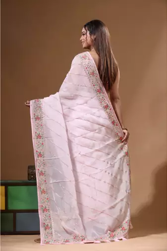 Pink viscose organza with embroideery saree with blouse piece