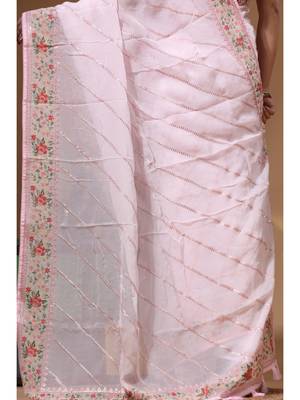 Pink viscose organza with embroideery saree with blouse piece 4