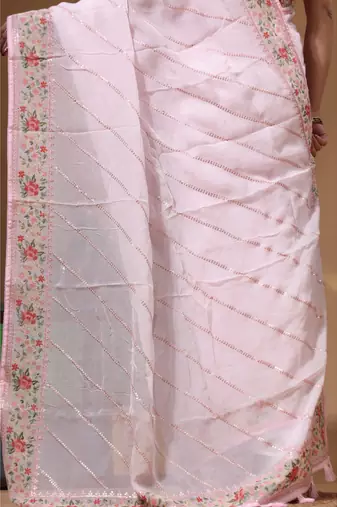 Pink viscose organza with embroideery saree with blouse piece