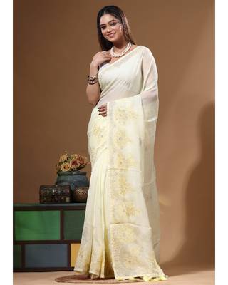 Light yellow viscose organza with embroideery saree with blouse piece 1