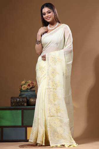 Light yellow viscose organza with embroideery saree with blouse piece