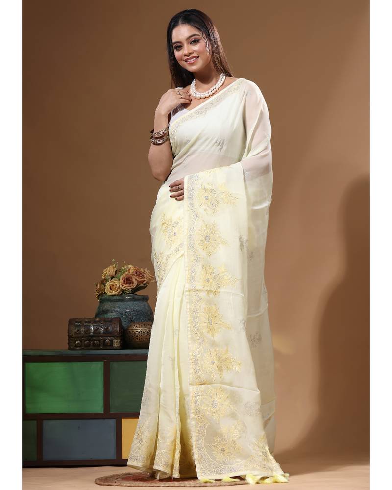 Light yellow viscose organza with embroideery saree with blouse piece