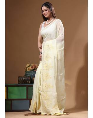 Light yellow viscose organza with embroideery saree with blouse piece 2