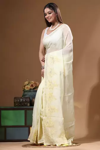 Light yellow viscose organza with embroideery saree with blouse piece