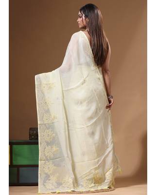 Light yellow viscose organza with embroideery saree with blouse piece 3