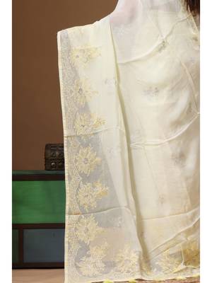 Light yellow viscose organza with embroideery saree with blouse piece 4