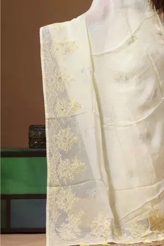 Light yellow viscose organza with embroideery saree with blouse piece