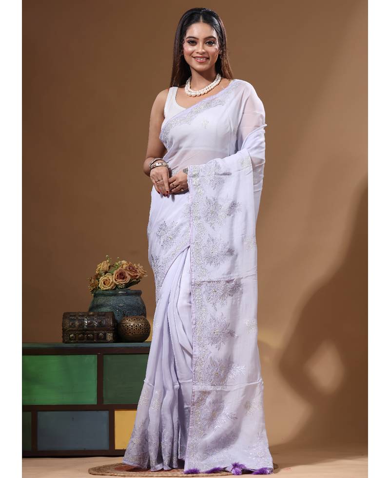 Lavendar viscose organza with embroideery saree with blouse piece
