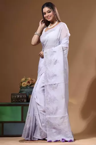 Lavendar viscose organza with embroideery saree with blouse piece