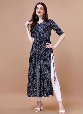 NAVY BLUE BANDHANI FOLI PRINT DESIGN WORK WITH RAYON FABRIC KURTI  1