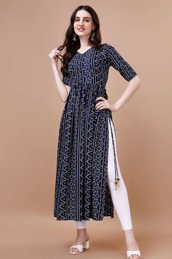 NAVY BLUE BANDHANI FOLI PRINT DESIGN WORK WITH RAYON FABRIC KURTI 