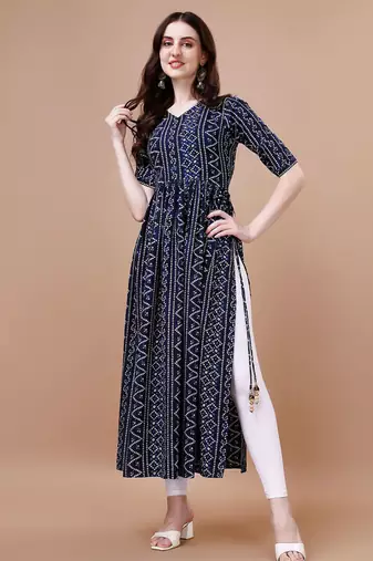 NAVY BLUE BANDHANI FOLI PRINT DESIGN WORK WITH RAYON FABRIC KURTI 