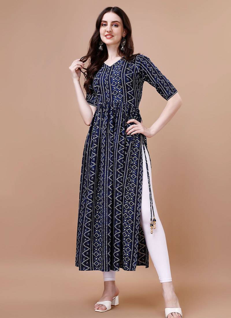 NAVY BLUE BANDHANI FOLI PRINT DESIGN WORK WITH RAYON FABRIC KURTI 