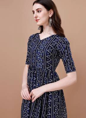 NAVY BLUE BANDHANI FOLI PRINT DESIGN WORK WITH RAYON FABRIC KURTI  2