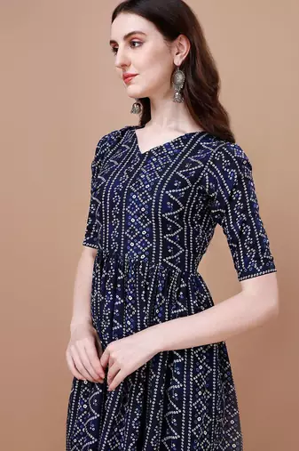 NAVY BLUE BANDHANI FOLI PRINT DESIGN WORK WITH RAYON FABRIC KURTI 
