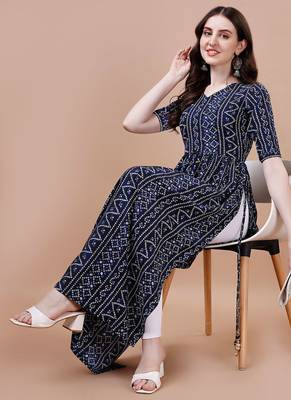 NAVY BLUE BANDHANI FOLI PRINT DESIGN WORK WITH RAYON FABRIC KURTI  3