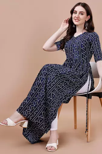 NAVY BLUE BANDHANI FOLI PRINT DESIGN WORK WITH RAYON FABRIC KURTI 