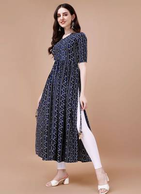 NAVY BLUE BANDHANI FOLI PRINT DESIGN WORK WITH RAYON FABRIC KURTI  4