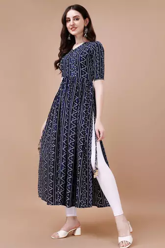 NAVY BLUE BANDHANI FOLI PRINT DESIGN WORK WITH RAYON FABRIC KURTI 
