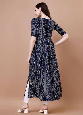 NAVY BLUE BANDHANI FOLI PRINT DESIGN WORK WITH RAYON FABRIC KURTI  5