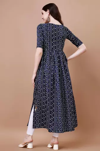 NAVY BLUE BANDHANI FOLI PRINT DESIGN WORK WITH RAYON FABRIC KURTI 