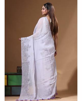 Lavendar viscose organza with embroideery saree with blouse piece 3