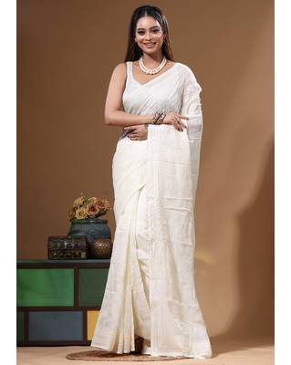 White viscose organza with embroideery saree with blouse piece 1