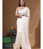 White viscose organza with embroideery saree with blouse piece