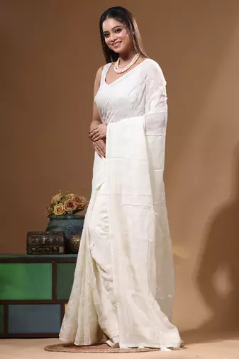 White viscose organza with embroideery saree with blouse piece