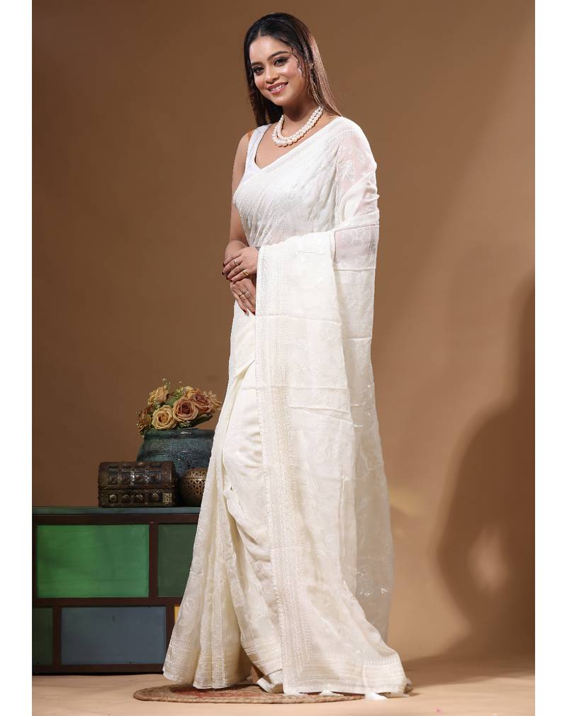 White viscose organza with embroideery saree with blouse piece