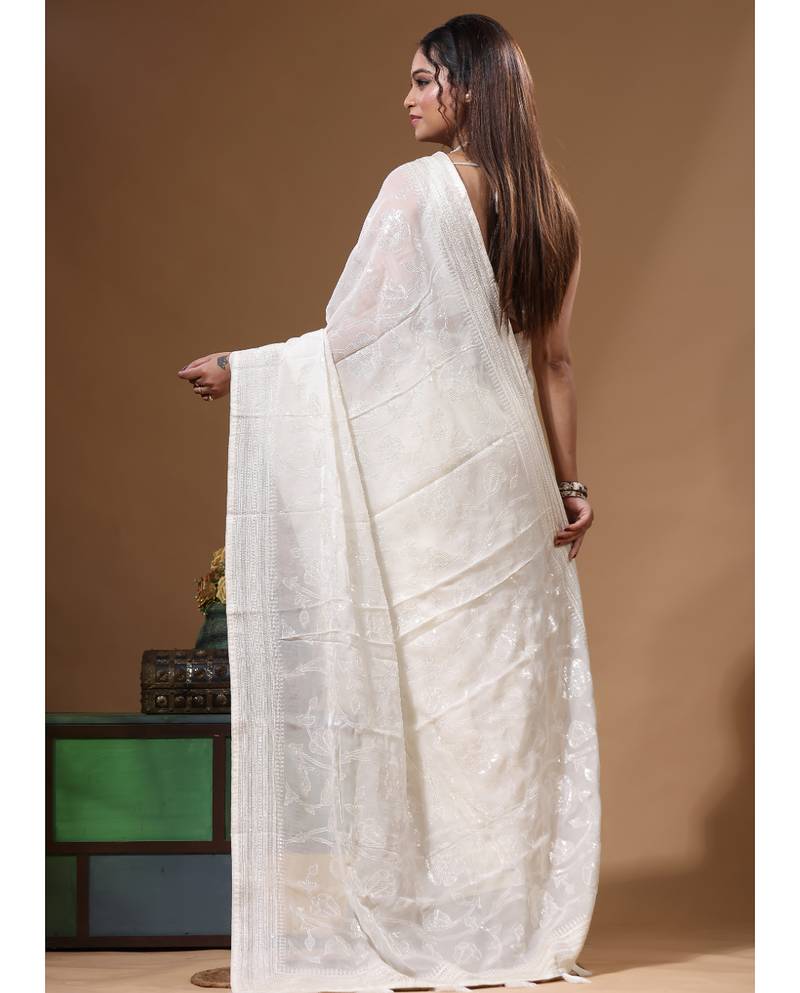 White viscose organza with embroideery saree with blouse piece