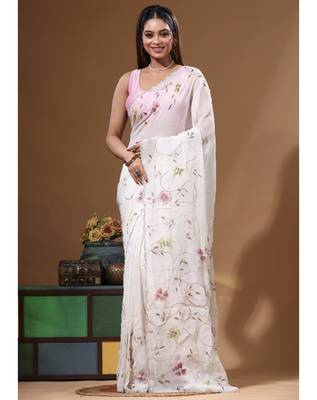 White viscose organza with embroideery saree with blouse piece 4