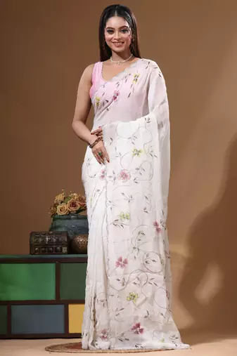 White viscose organza with embroideery saree with blouse piece