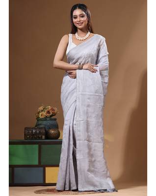 Grey viscose organza with embroideery saree with blouse piece 1