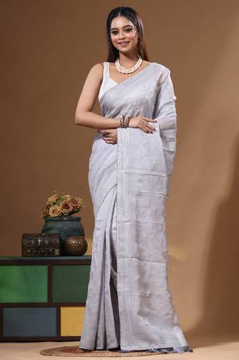 Grey viscose organza with embroideery saree with blouse piece