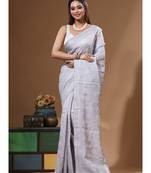 Grey viscose organza with embroideery saree with blouse piece