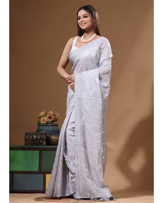 Grey viscose organza with embroideery saree with blouse piece 2