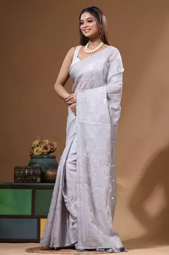 Grey viscose organza with embroideery saree with blouse piece