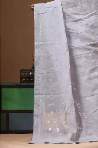 Grey viscose organza with embroideery saree with blouse piece