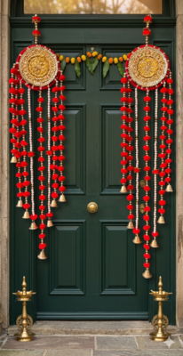 handmade red pom pom beads hanging with golden bells decorative wall hanging for home decoration (pack of 2) 1