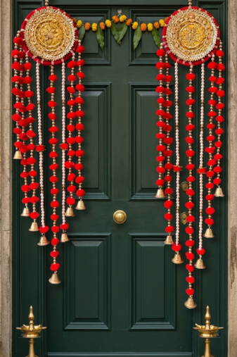 handmade red pom pom beads hanging with golden bells decorative wall hanging for home decoration (pack of 2)