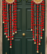 handmade red pom pom beads hanging with golden bells decorative wall hanging for home decoration (pack of 2)